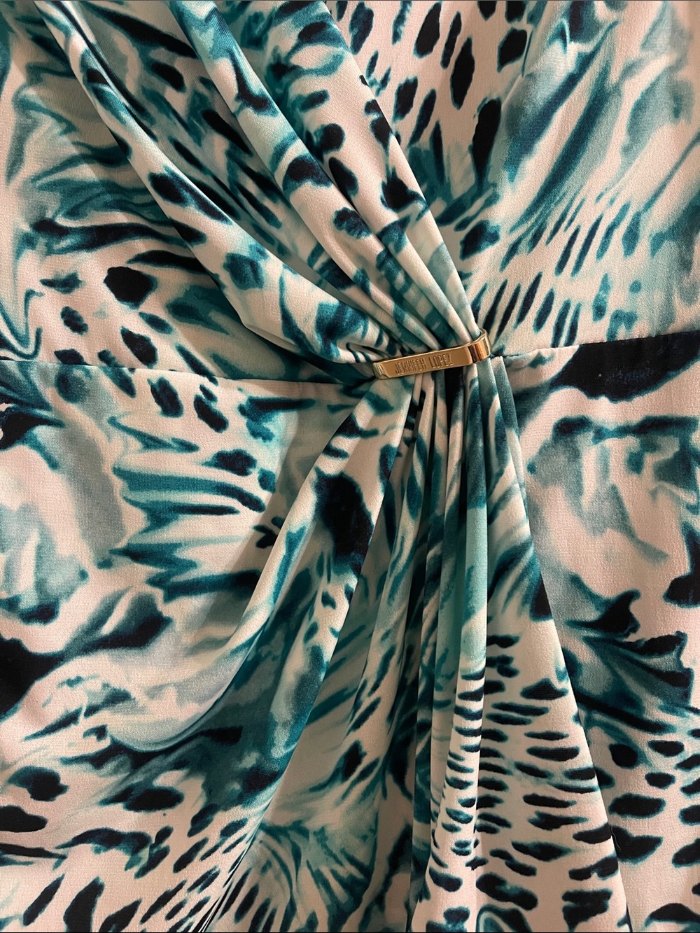 Jennifer Lopez Teal and White Abstract Surplice Top - Picture 3 of 5